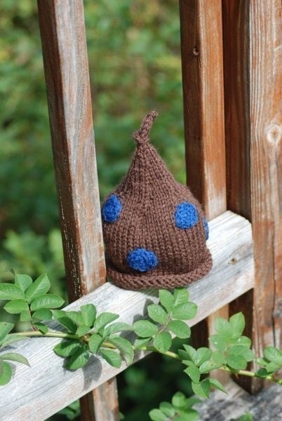Hat for Baby, Chocolate Brown Knome Hat , Hickory Brown with Blue Polka Dot Pixie, Stocking Cap, Photo Prop Infant Baby Hat