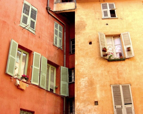 France Photography . Salmon orange home decor mint green . France travel photo provence house windows turmeric 8x10 - Curried Aparments