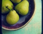 Pear Photography - Fruti still life photograph green aqua blue home decor - fresh fruit kitchen wall art purple photography print 8x8