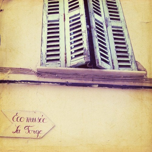 Provence France photography . France Travel Photo . pastel wooden window shutters . pale yellow mint . french writing sign 8x8 - Eco musee