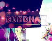 Buddha Bar - Neon Sign Photograph - Neon Pink City Art - whimsical sparkly lights - indigo cobalt blue wall art urban Fine Art Print 8x10