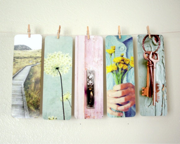 Five Bookmarks  - Fine Art photography  - aqua green vintage keys pink reading book hostess gift collection cottage chic - gift under 10