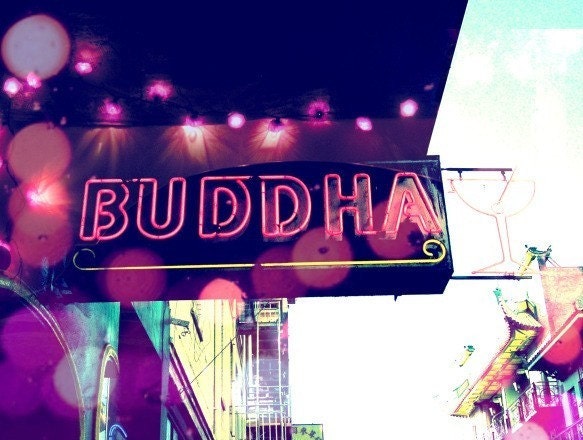Buddha Bar - Neon Sign Photograph - Neon Pink City Art - whimsical sparkly lights - indigo cobalt blue wall art urban Fine Art Print 8x10