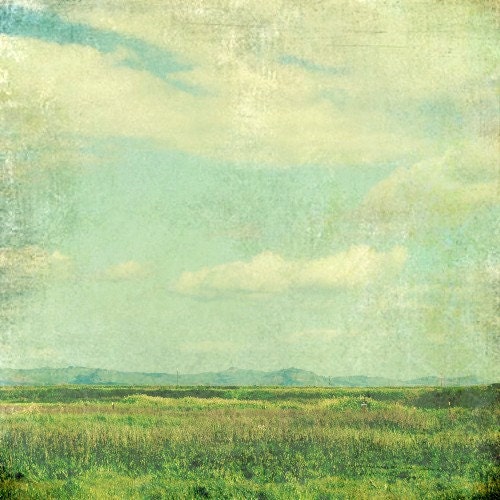Landscape Photography - Fine Art  Print -  Meadow - Pastel Blue Green Decor - Vintage Inspired Art  8x8 - Green Summer