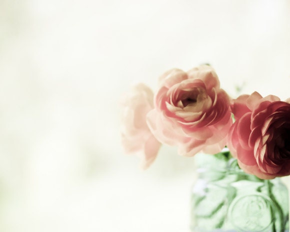 Flower Photography - coral pink flowers mint green wall art white shabby chic decor - floral print - pastel antique 8x10 - Sugar baby