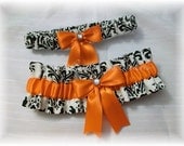 Black and White Madison Damask with Orange Bridal Garter Set