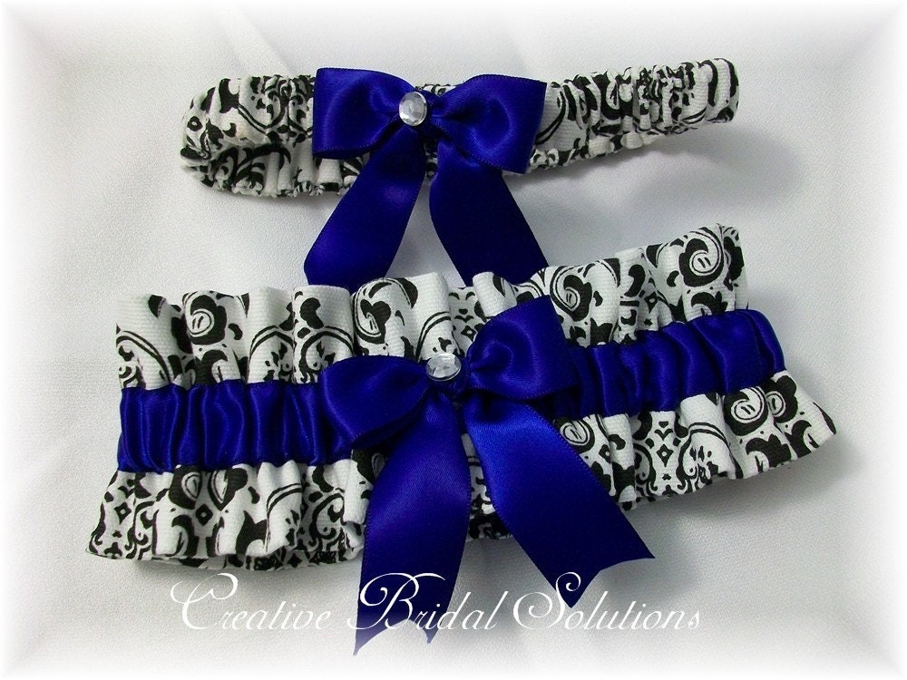 Madison Black and White Damask with Royal Bridal Garter Set