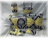 Black and White Dandy Damask with Yellow Wedding 6pc Set- Ring Pillow, Flower Girl Basket, Guest Book, Guest Pen, Unity Candle Set and Garter Set