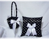 Black and White Polka Dot Wedding Ring Bearer Pillow, Flower Basket, Guest Book and Pen Set