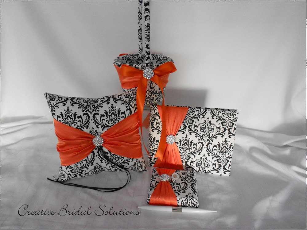 Black and White Madison Damask with Orange Ring Pillow, Flower Girl Basket, Guest Book and Guest Pen 4pc Set