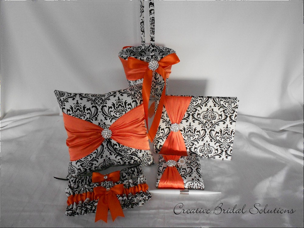 Black and White Madison Damask with Orange Ring Pillow, Flower Girl Basket, Guest Book, Guest Pen and Garter Set- 5pc Set