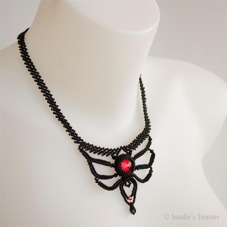 Black Beaded Necklace with Spider Pendant Red Cabochon