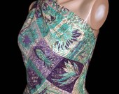 50s Tiki Print Dress Full Skirt One Shoulder Aqua Purple Gold Hawaiian Size Extra Small XS Vintage