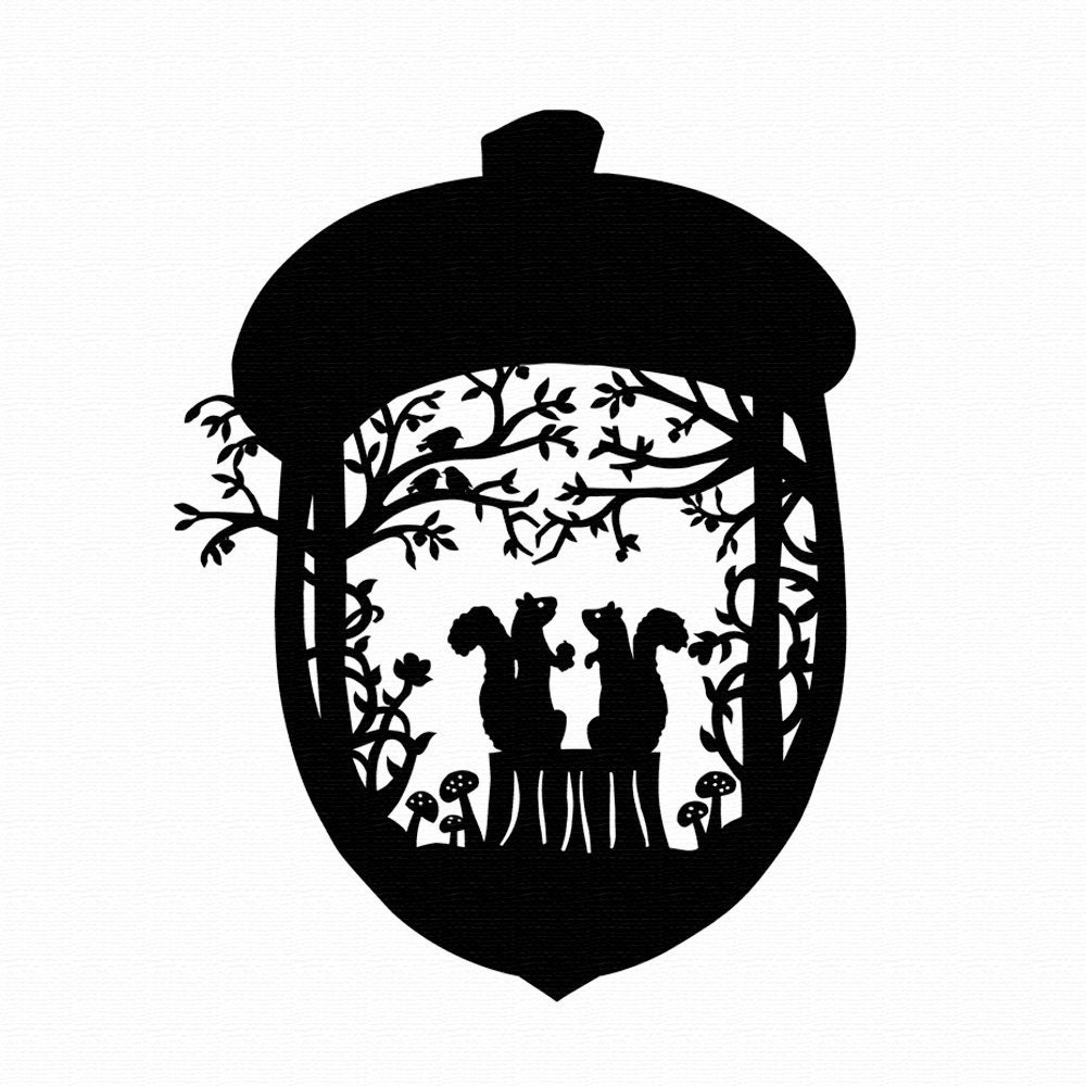 Squirrel Loves Acorn - Paper Cut Silhouette Squirrels Nestled in the Woods Black Brown White Free Shipping US