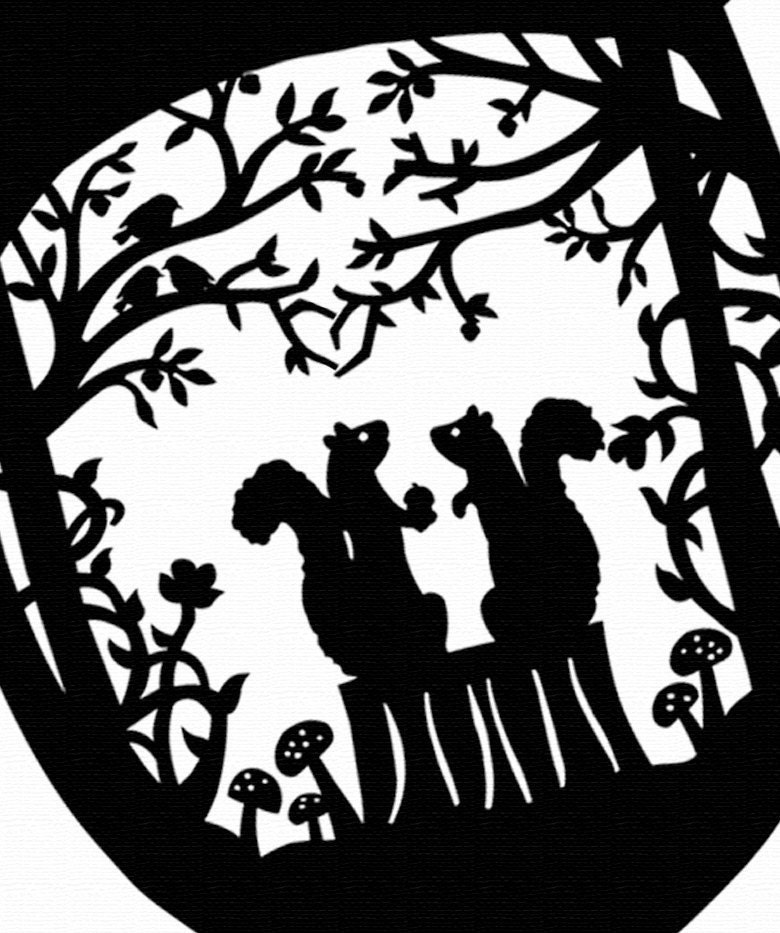 Squirrel Loves Acorn - Paper Cut Silhouette Squirrels Nestled in the Woods Black Brown White Free Shipping US