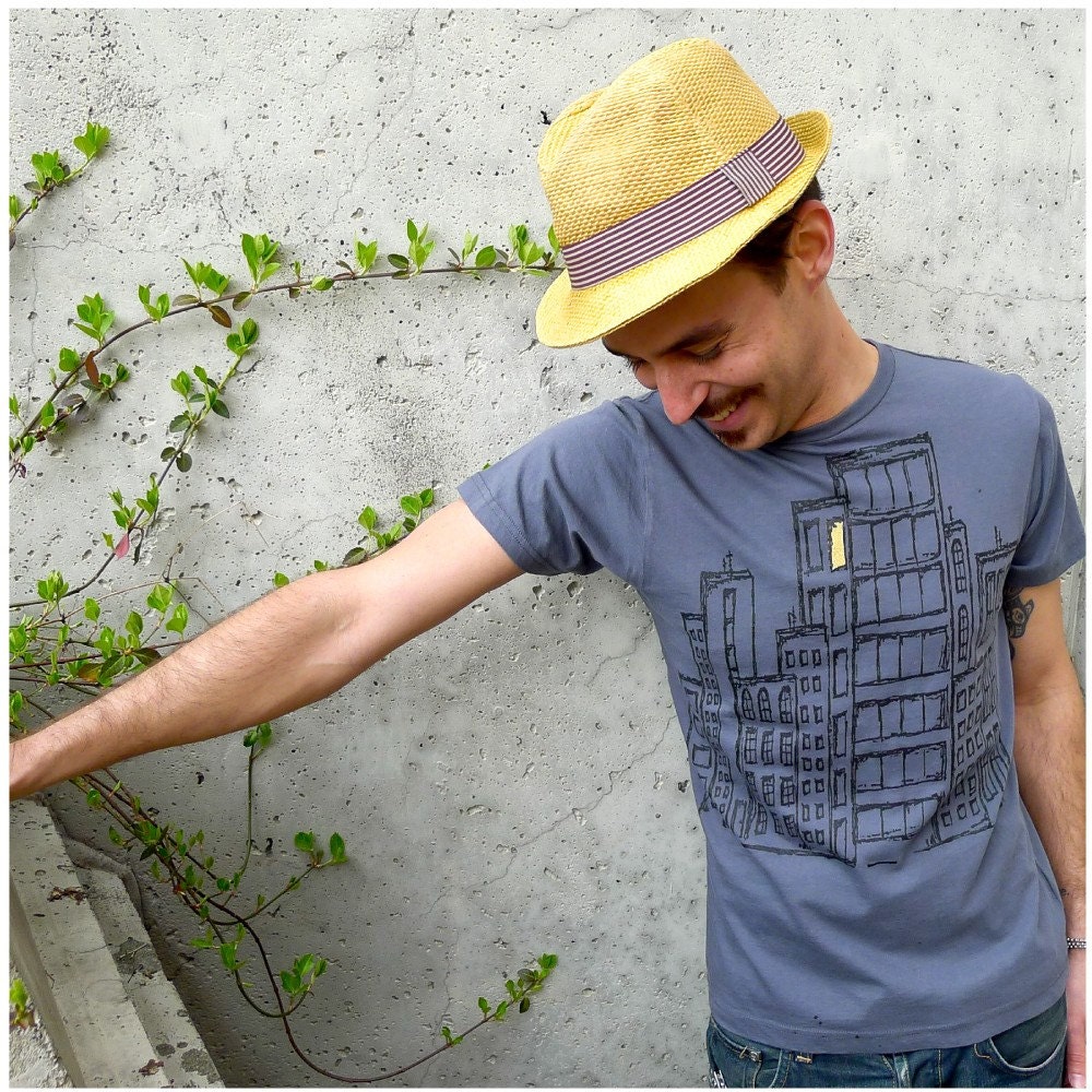 Mens tshirt - for him / fathers day - city skyline print in black and yellow on asphalt gray - t shirt men - Don't Wait Up