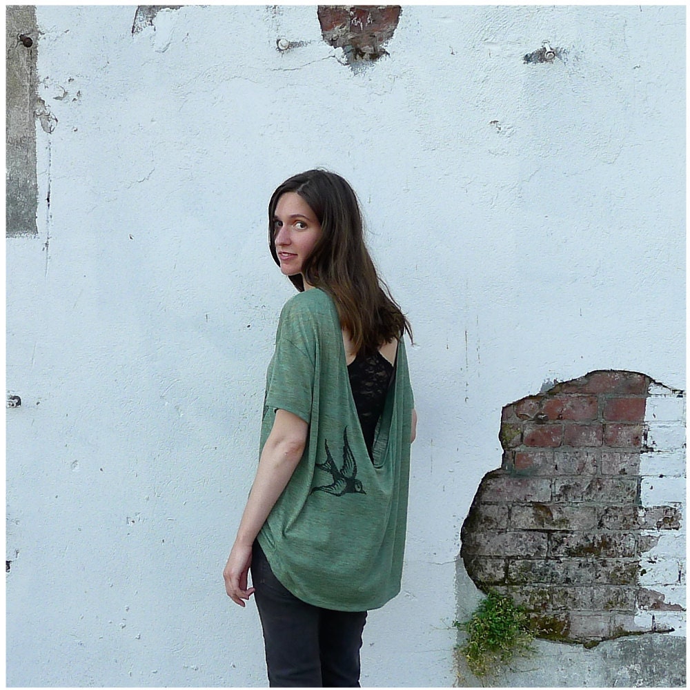 One That Got Away - spring fashion - womens t shirt - MEDIUM - birdcage print on Alternative Apparel heather moss pony tees