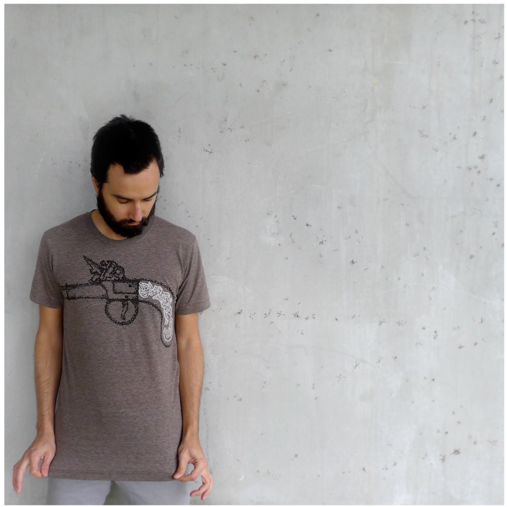 Sure Shot - mens t shirt - S/M/L/XL - antique pistol screenprint on American Apparel heather brown track tees - mens fashion