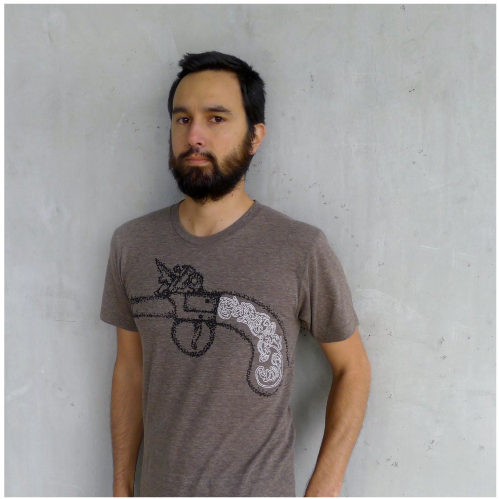 Sure Shot - mens t shirt - S/M/L/XL - antique pistol screenprint on American Apparel heather brown track tees - mens fashion