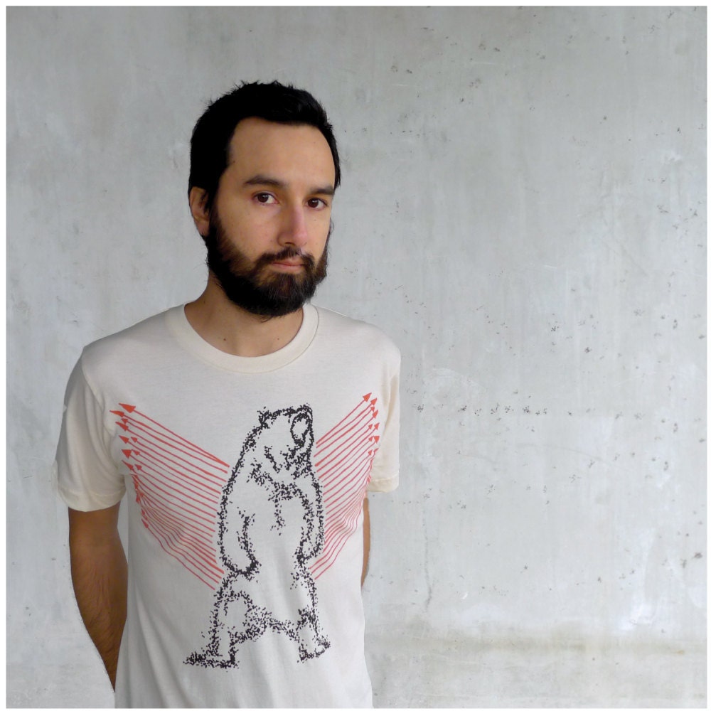 Ursa Major - mens tshirt - grizzly bear print with orange arrows on natural organic cotton t shirts - gift for him - S/M/L/XL