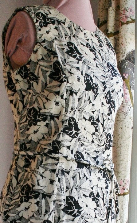 Vintage Dress Black White Floral Pom Pom Trim