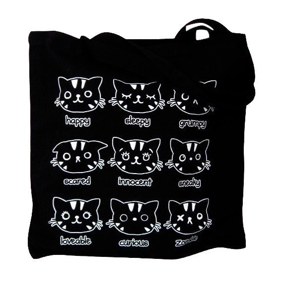 Cat Emotions Print on a Black Canvas Tote Bag