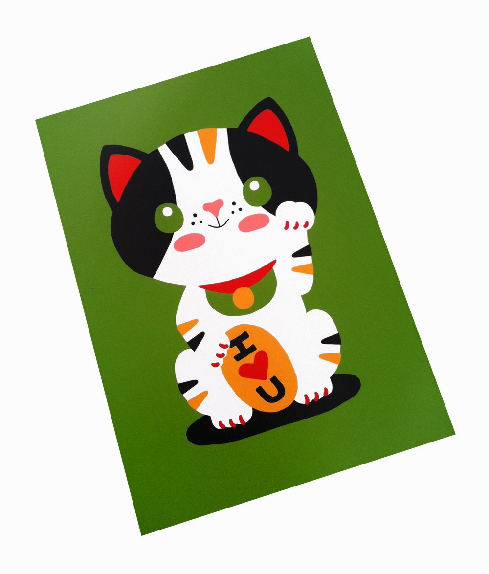 Maneki Neko Japanese Lucky Cat Art Print 5 x 7