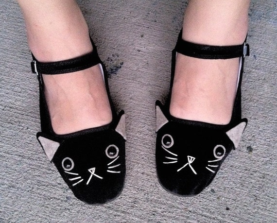 Cat Shoes - Embroidered Kitty Flats Mary Janes- Ladies Size 11