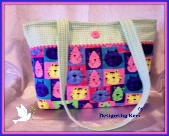 Lime gingham Cats meow tote bag shoulder bag purse