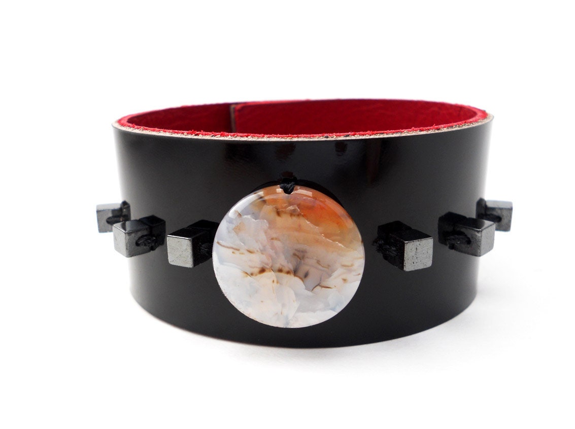 Black Patent Leather Cuff with Crystal Agate Bead