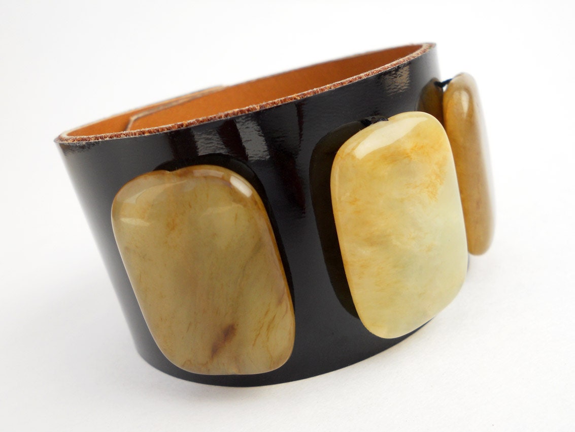 Black Patent Leather Cuff with Jade Beads