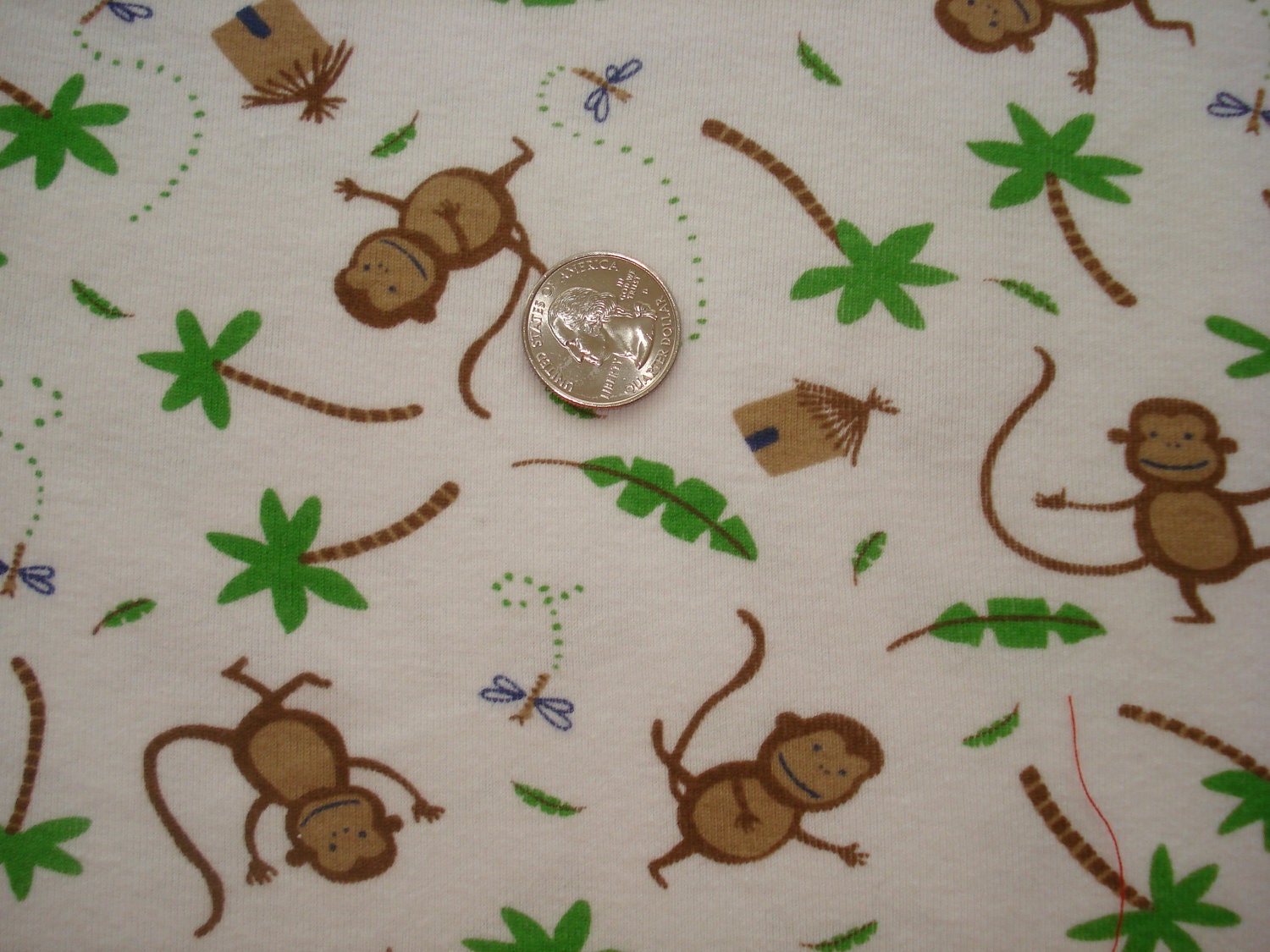 Hawiian monkeys on white cotton rib knit fabric 1 YD