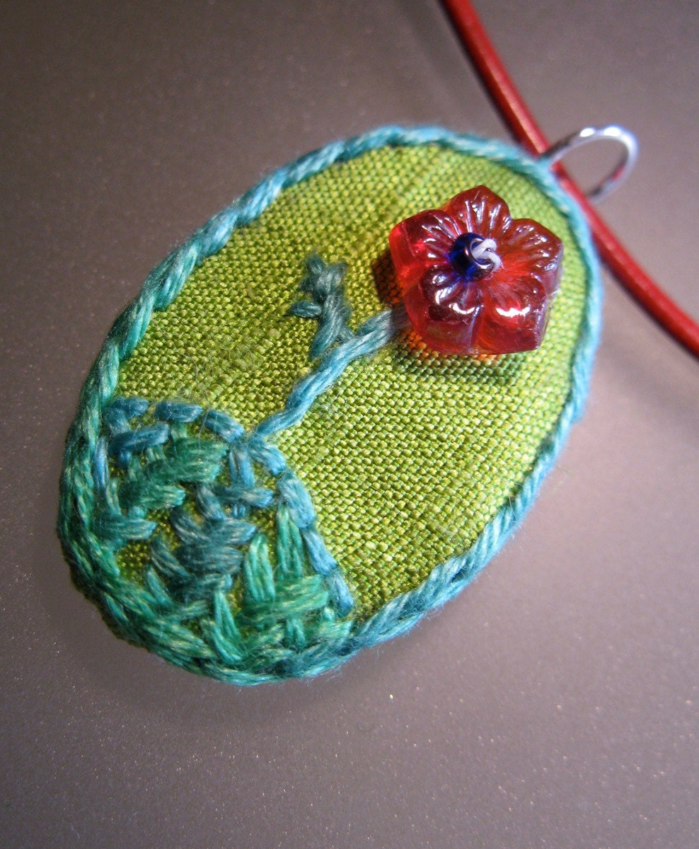 Red and lime flower pendant hand embroidered necklace