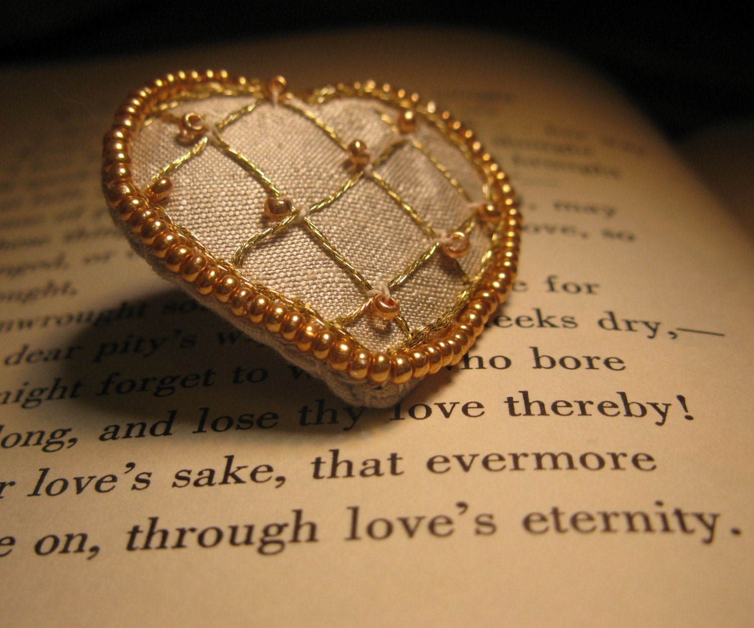 Golden Heart Pin hand embroidered brooch