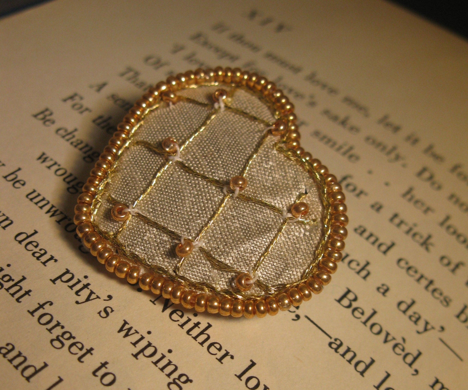 Golden Heart Pin hand embroidered brooch