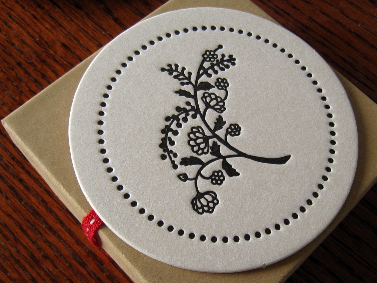 Letterpress Coaster Set - black flowers