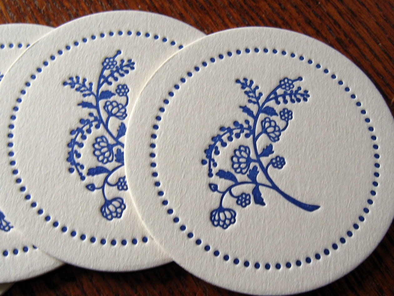 Letterpress Coaster Set - navy flowers