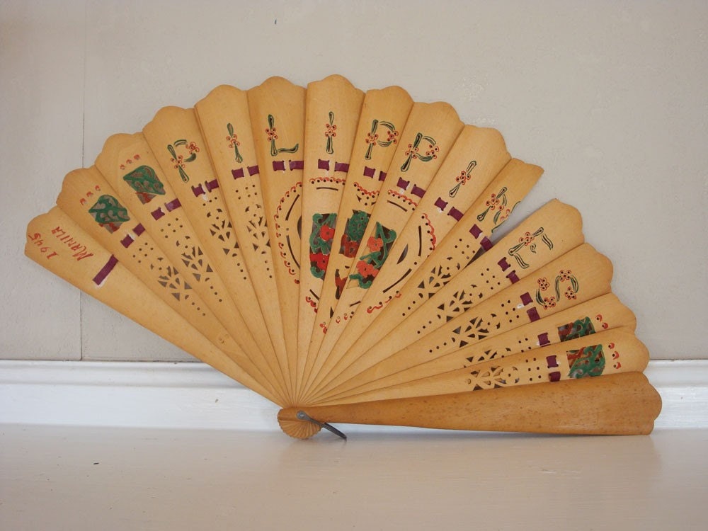 1945 Vintage Philippines Wooden Folding Fan from Manilla