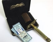 1920's Antique Gold Tone Gillette Razor Set with blue blades in box