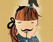Moustache illustration. Girl with moustache print. Wall decor. Girl and dog.