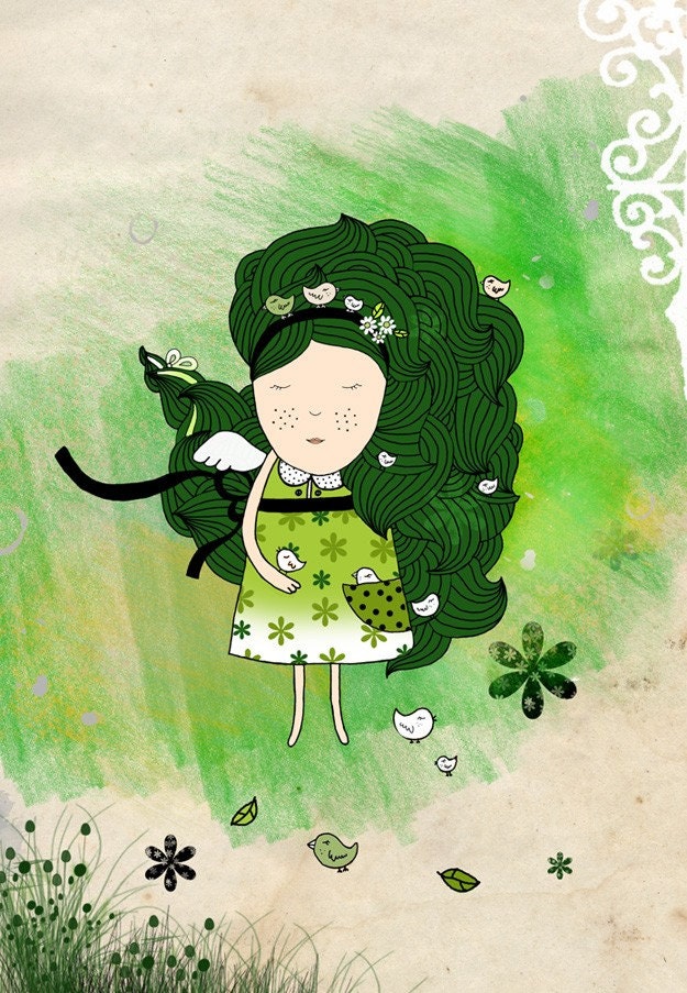 Beautiful girl print - Vera. Green angel. Illustration. Home decor. Summer. Wall art - krize