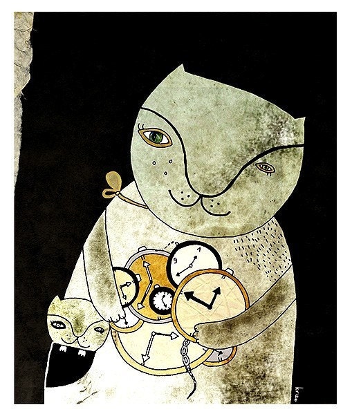 Whimsical Cat illustration print - Time. Black cat. Home decor.