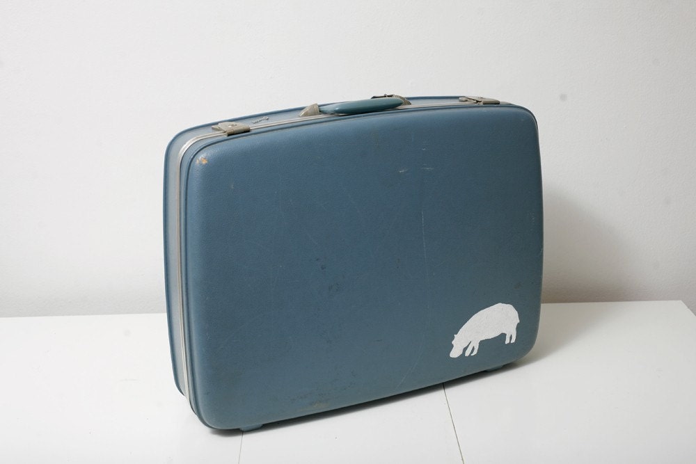 Big Vintage Suitcase with Hand Painted Hippo