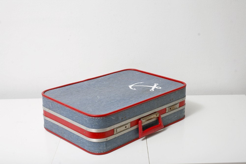 RESERVED FOR LAURA Vintage Luggage Upcycled with a Screen Printed Anchor