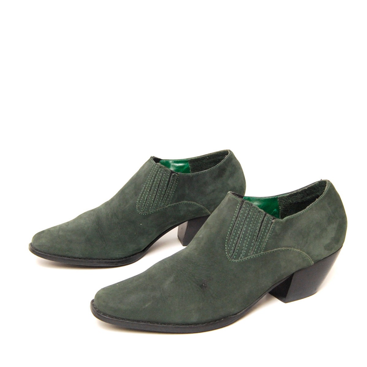 size 7.5 SOUTHWEST green nubuck leather 80s 90s MINIMAL slip on ankle boots