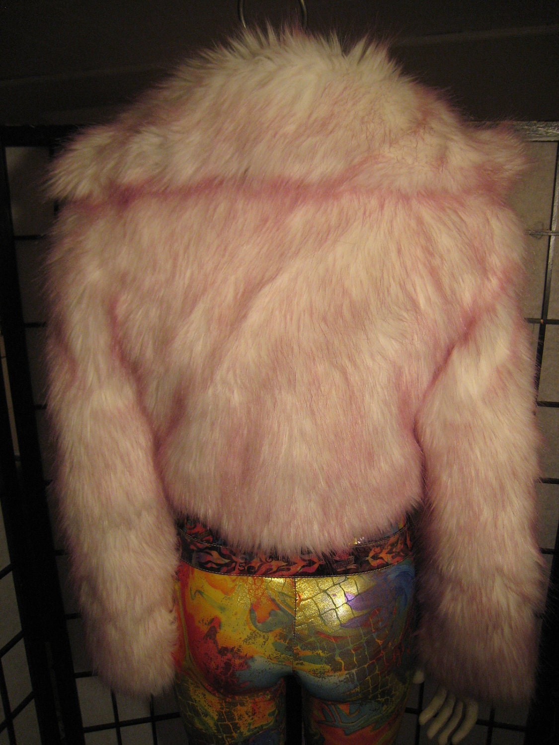 Pink-tipped, faux fur, cropped white coat with stand-up collar option