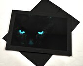 Goth Greeting Card - Familiar - 5x7 in Black - Unique - Blank Cards - Black Cat (shown Turquoise eyes)