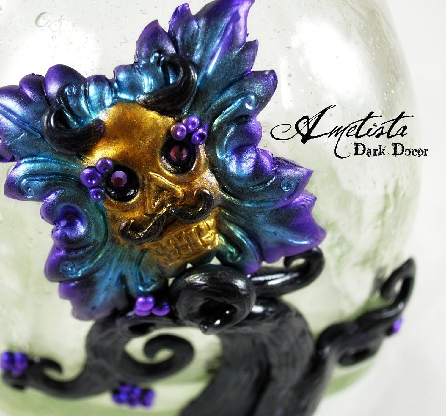 Day of the Dead Hand Blown Glass Art Bottle - Diablo Daisy - Recycled Patron Bottle - Dark Home Decor