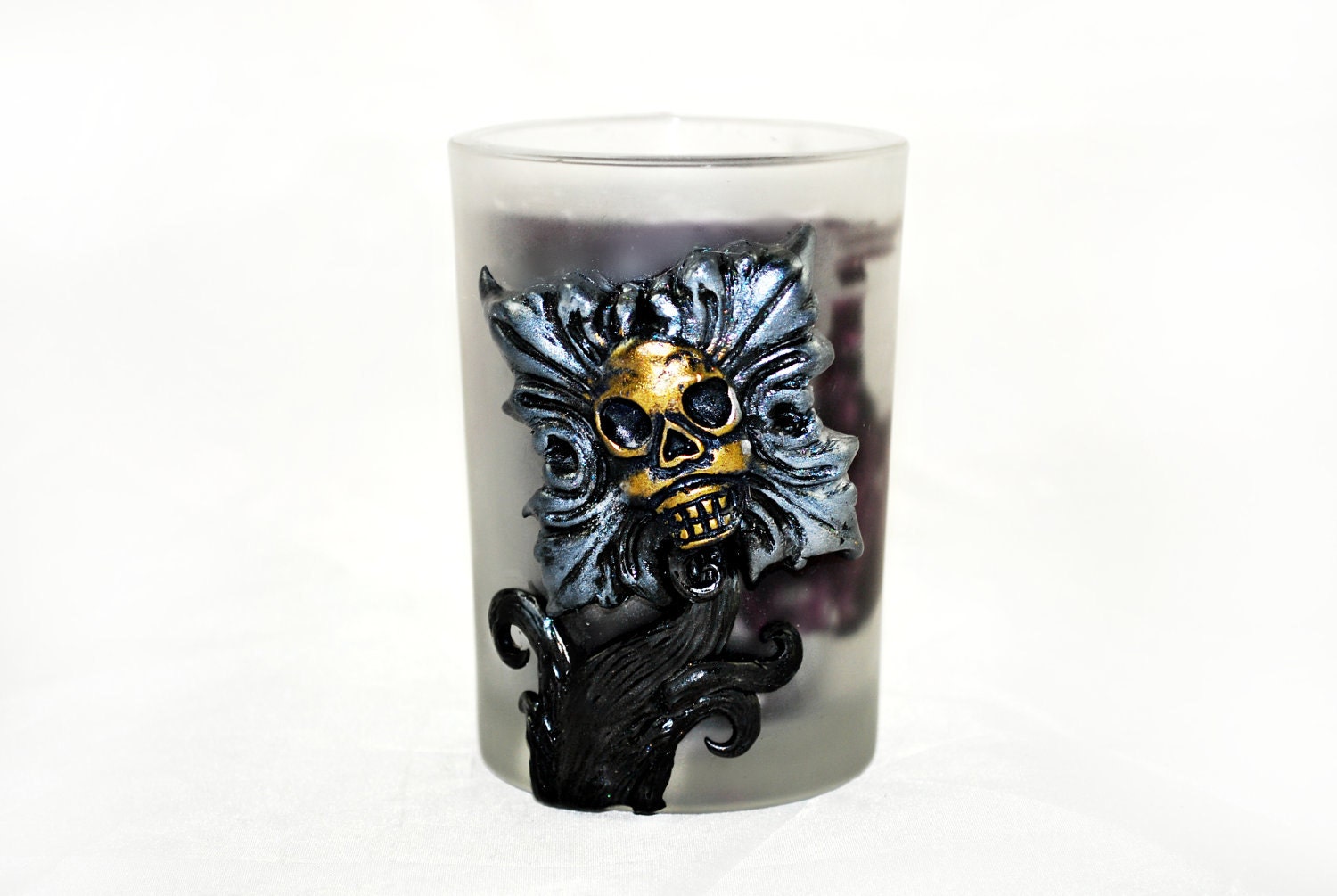 Diablo Daisy - French Lavender and Vanilla Candle Votive  -  Dark Decor Home -  Re-purposed Frosted Glass - Ametista