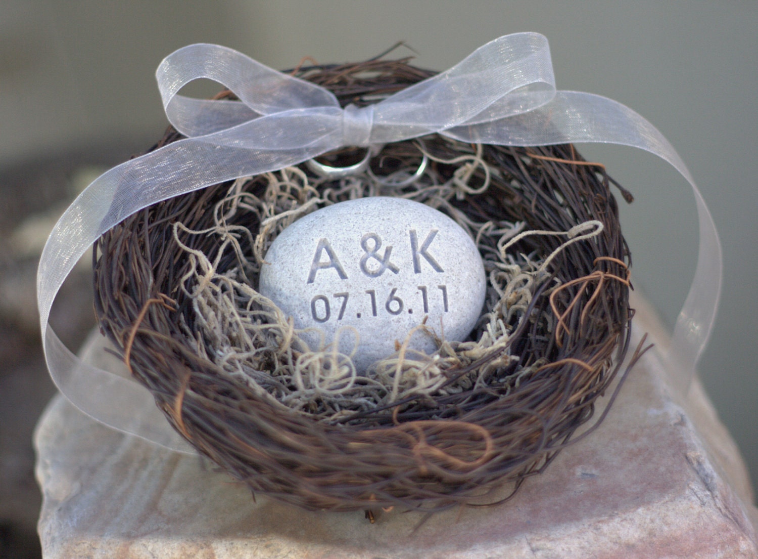 Ring Bearer Nest - with personalized Initials and date stone - Merry Pebble (TM) Collection by sjEngraving